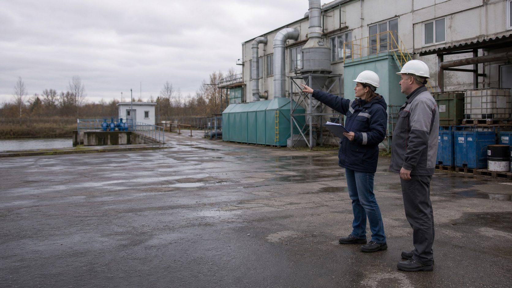 Эколог и технолог обследуют источники воздействия объекта II категории перед подготовкой ДВОС