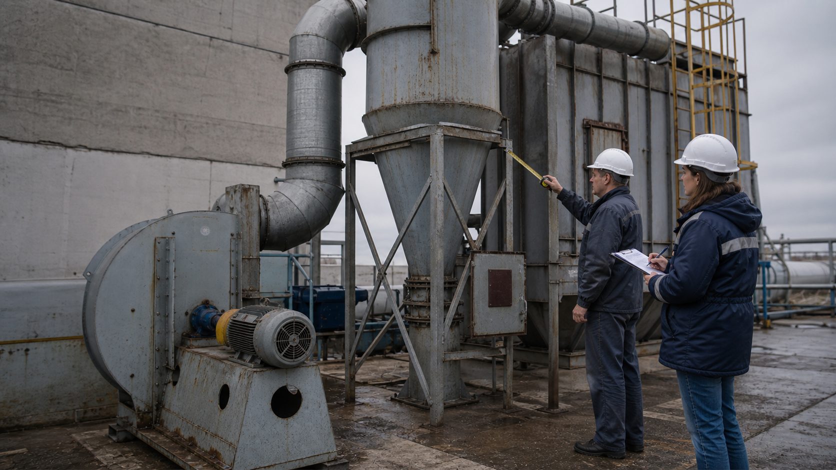 Инженеры осматривают газоочистную установку и записывают характеристики для паспорта ГОУ