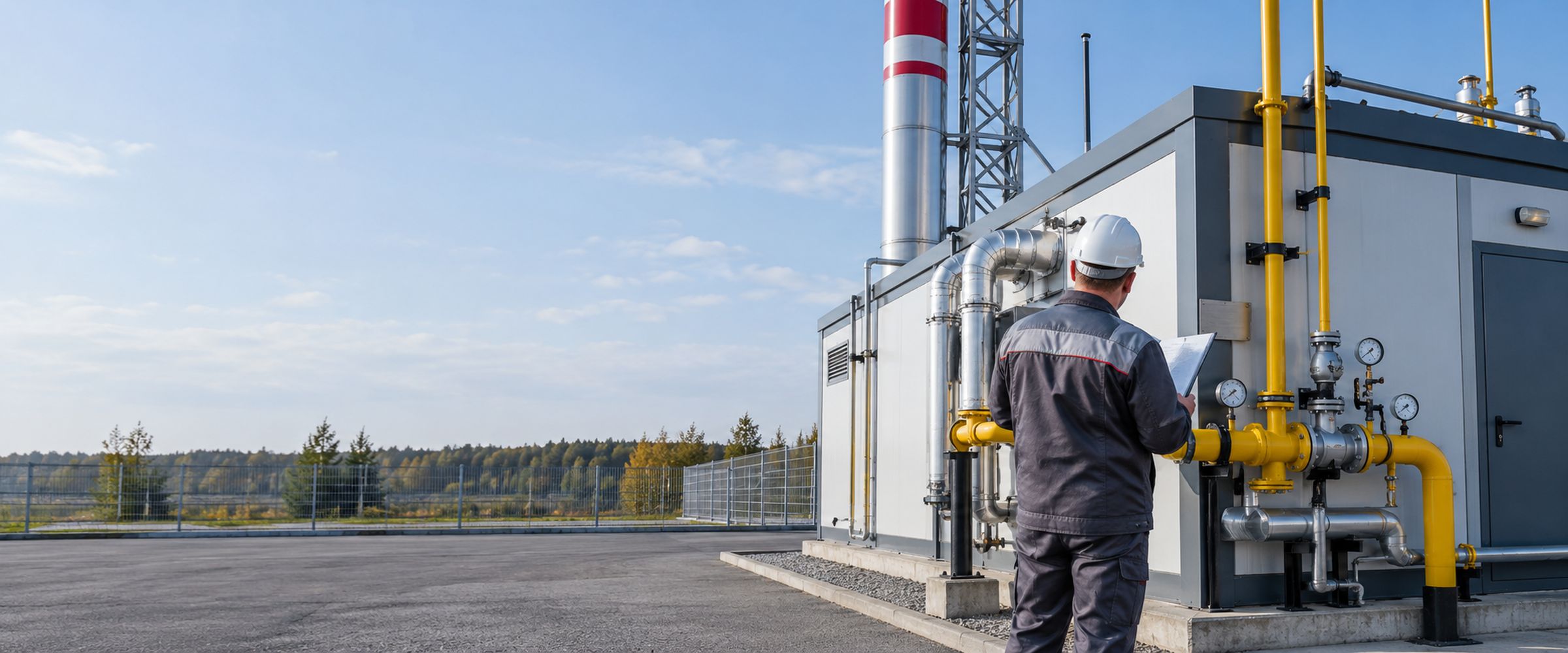 Блочно-модульная газовая котельная с дымовой трубой на площадке предприятия, рядом инженер сверяет табличку котла с паспортом оборудования