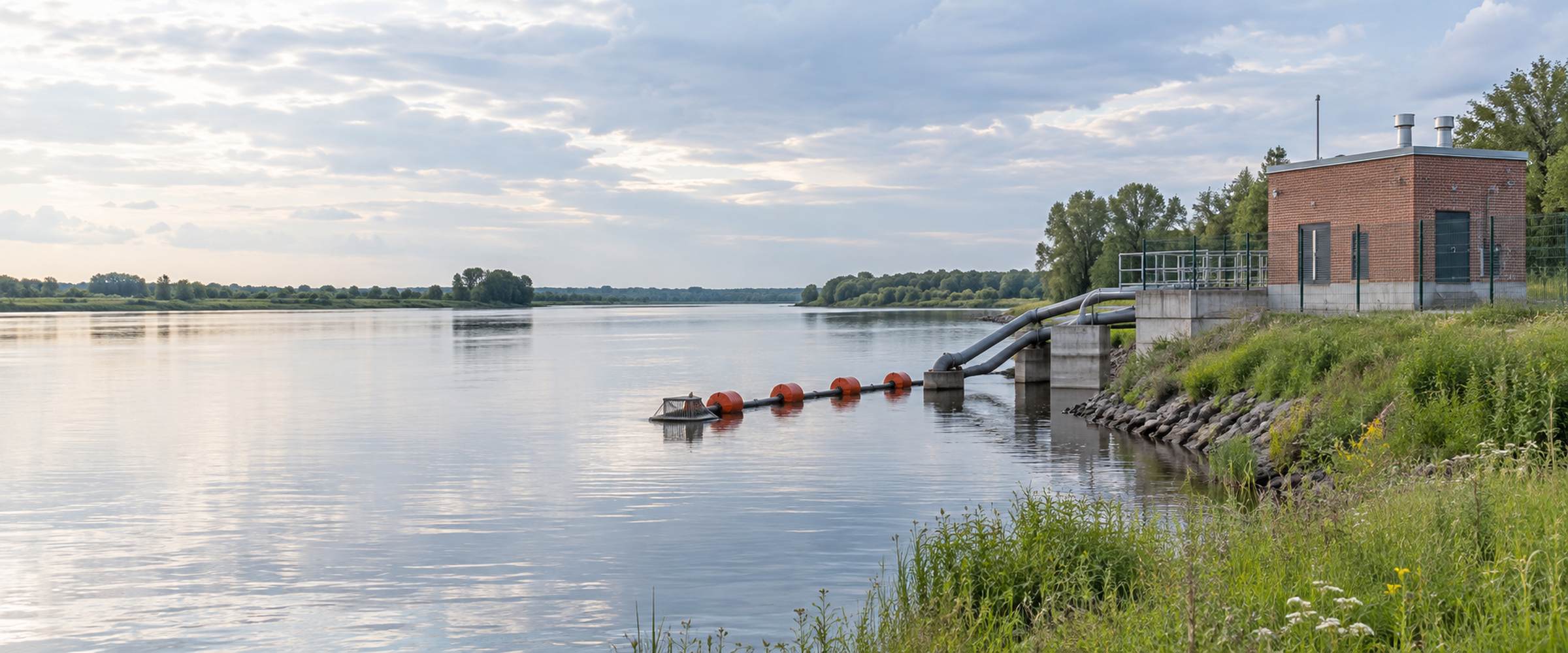 Береговой водозабор на равнинной реке: оголовок водоприёмника обозначен буями на воде, на берегу огороженная насосная станция первого подъёма